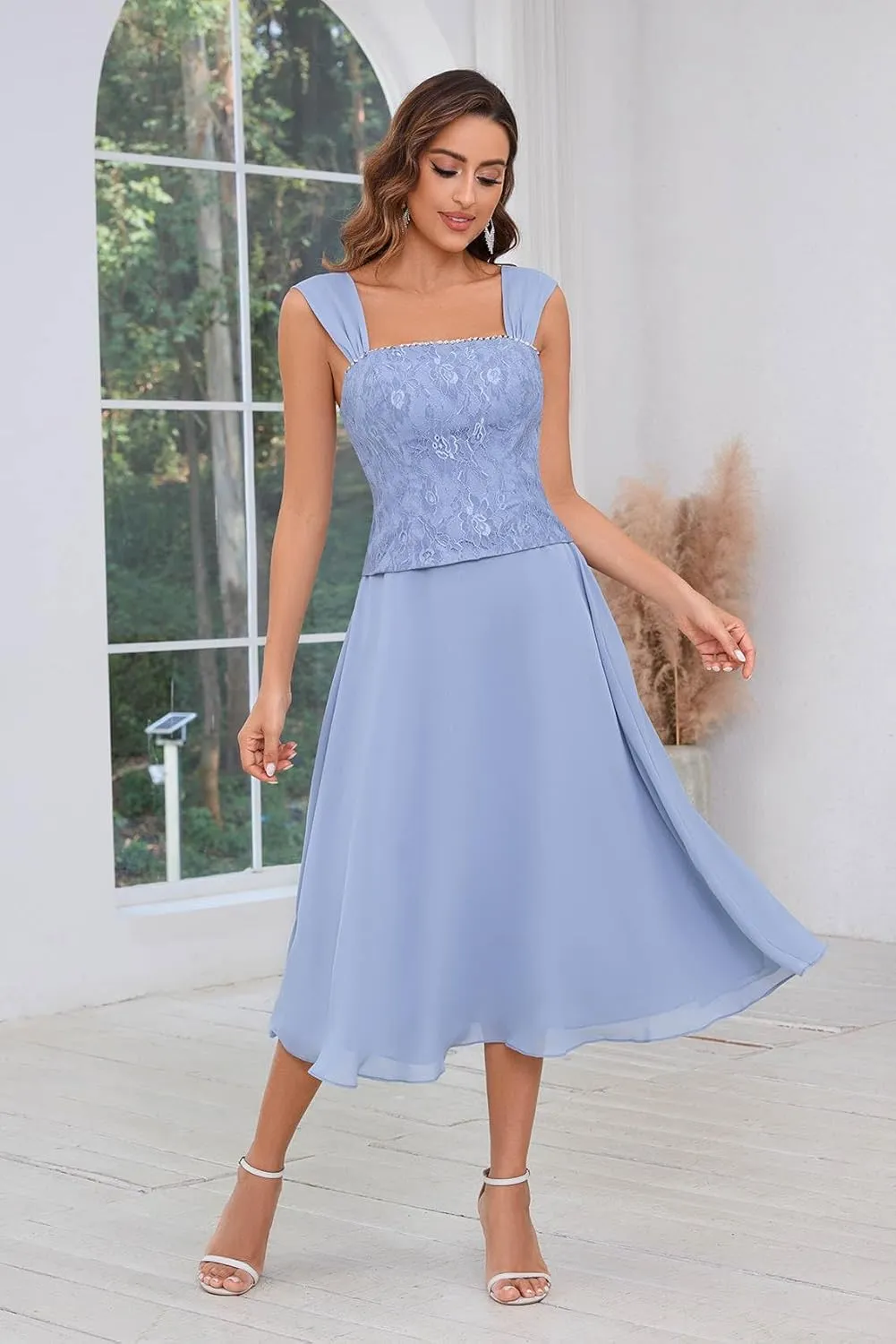 2 Pieces Lace Mother of The Bride Dresses for Wedding Tea Length Chiffon Formal Party Gown with Jacket