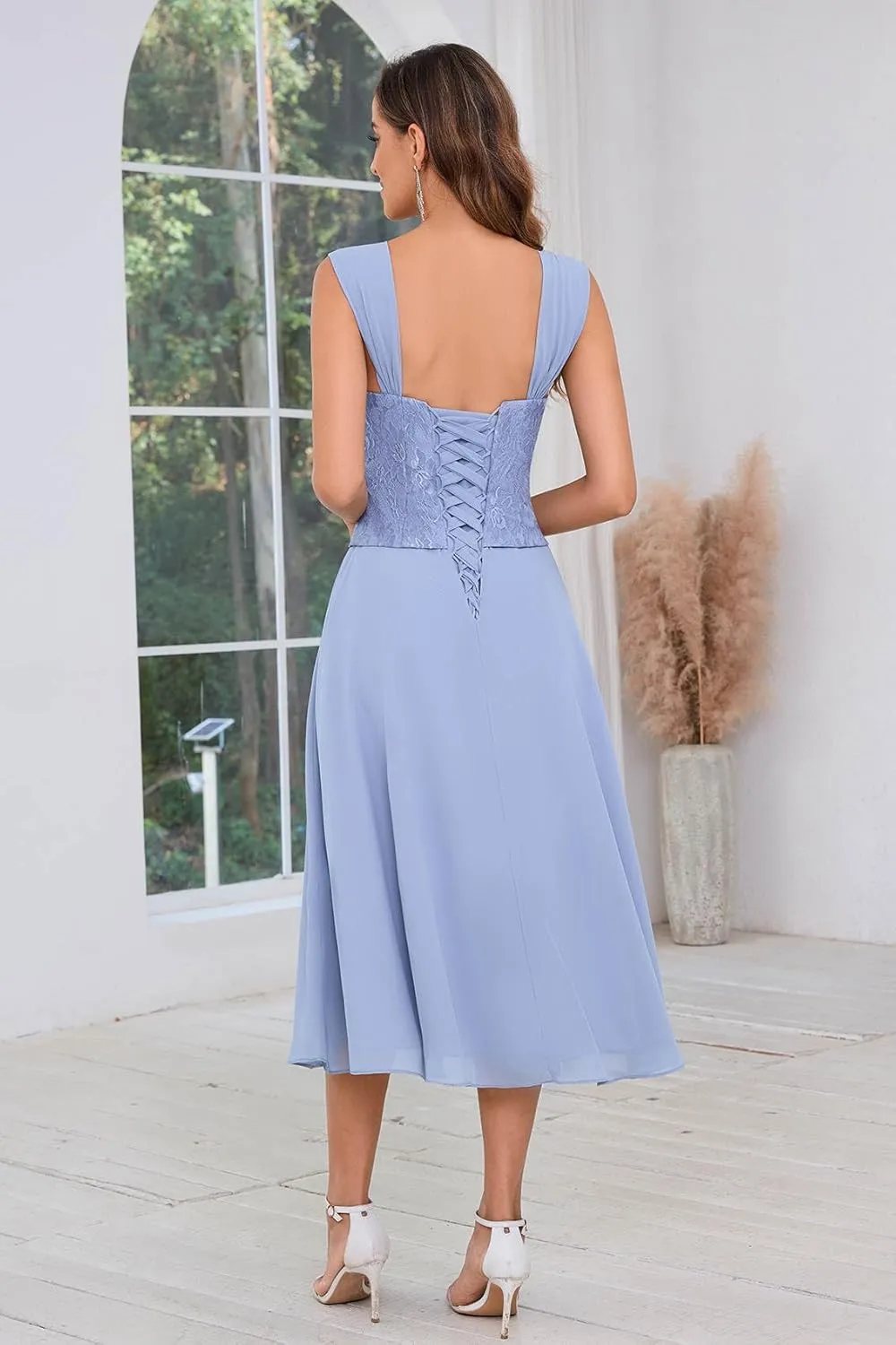 2 Pieces Lace Mother of The Bride Dresses for Wedding Tea Length Chiffon Formal Party Gown with Jacket