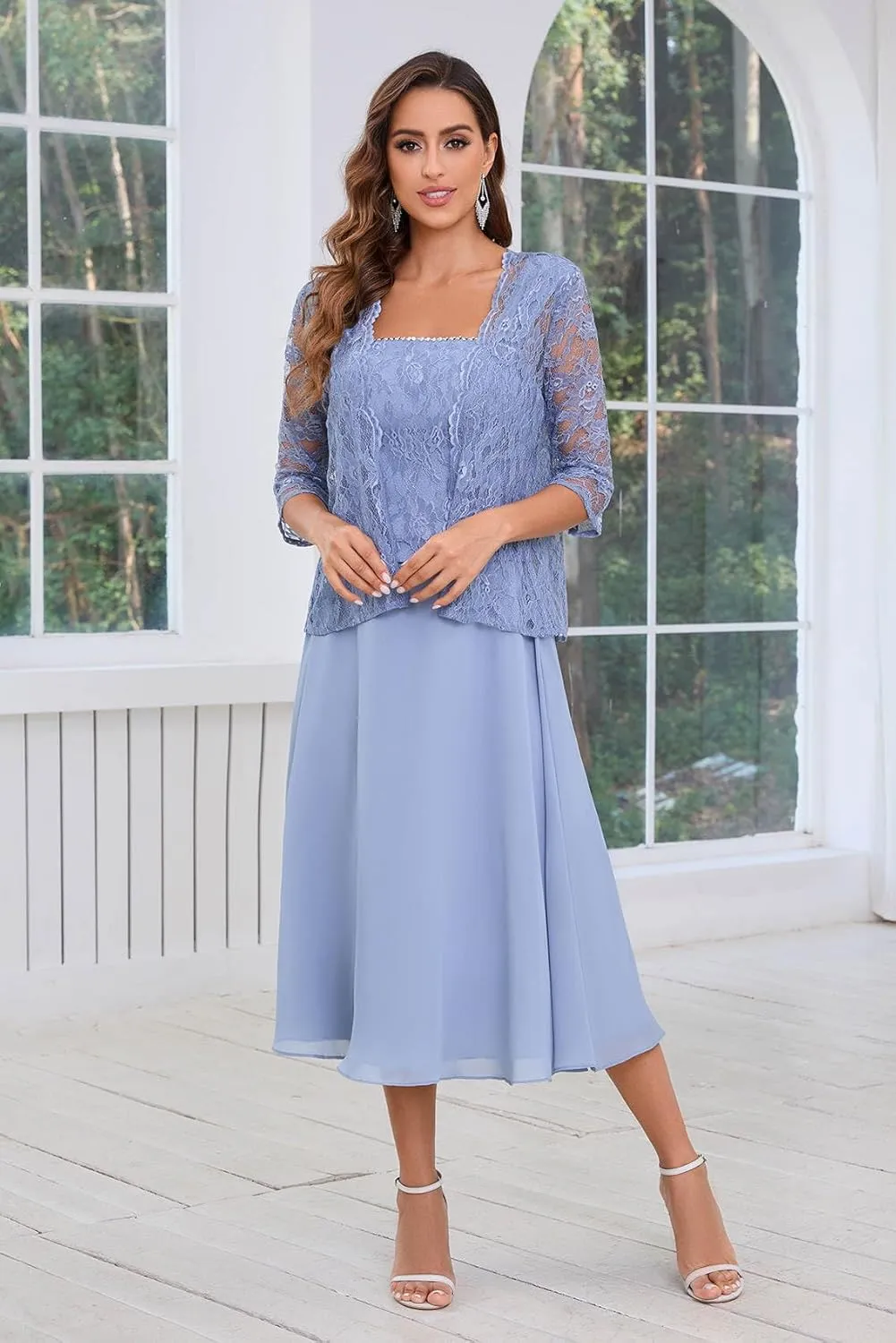 2 Pieces Lace Mother of The Bride Dresses for Wedding Tea Length Chiffon Formal Party Gown with Jacket