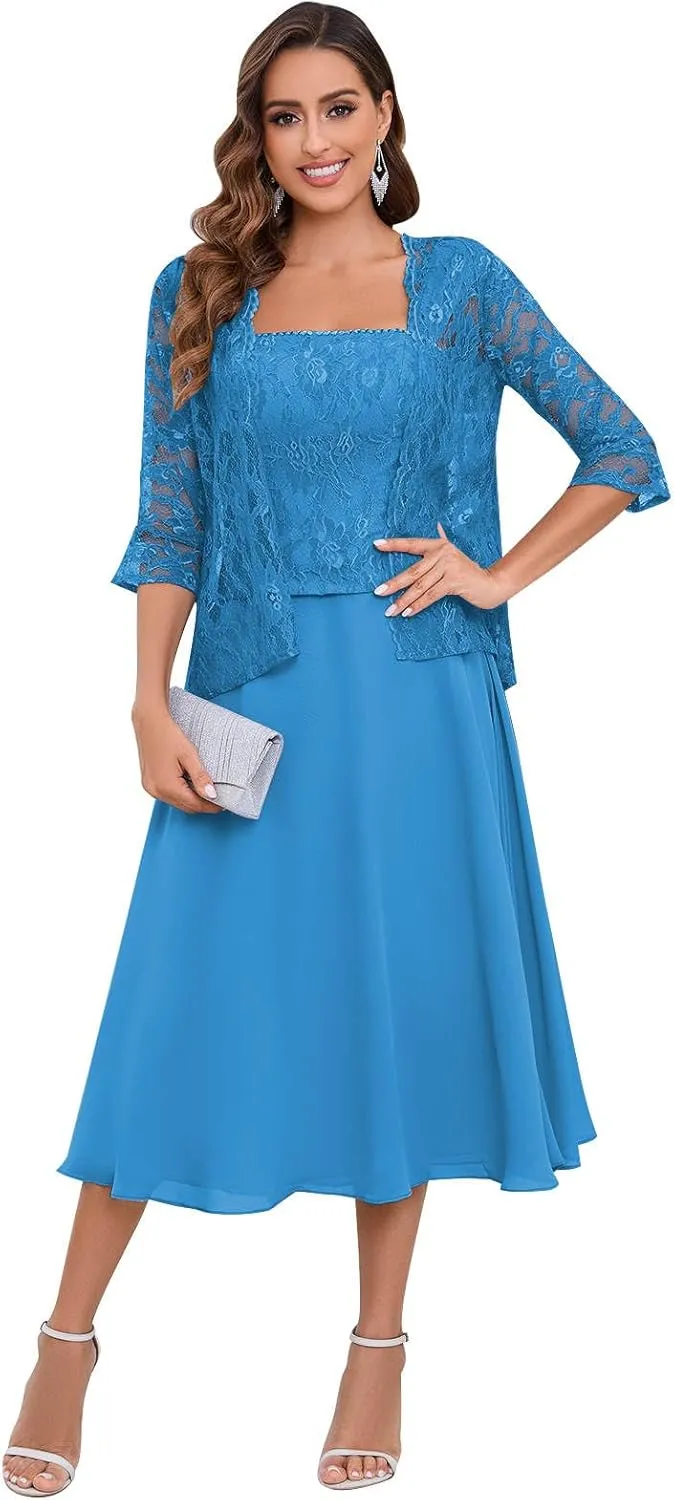 2 Pieces Lace Mother of The Bride Dresses for Wedding Tea Length Chiffon Formal Party Gown with Jacket