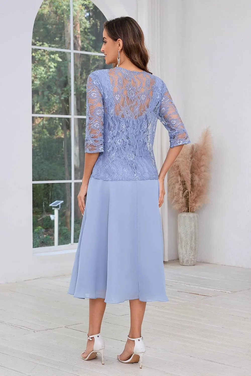 2 Pieces Lace Mother of The Bride Dresses for Wedding Tea Length Chiffon Formal Party Gown with Jacket