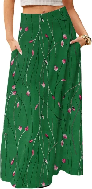 2025 Womens Long Maxi Skirt Trendy Summer Elastic High Waisted Pleated Floral Print A-Line Boho Skirts with Pockets