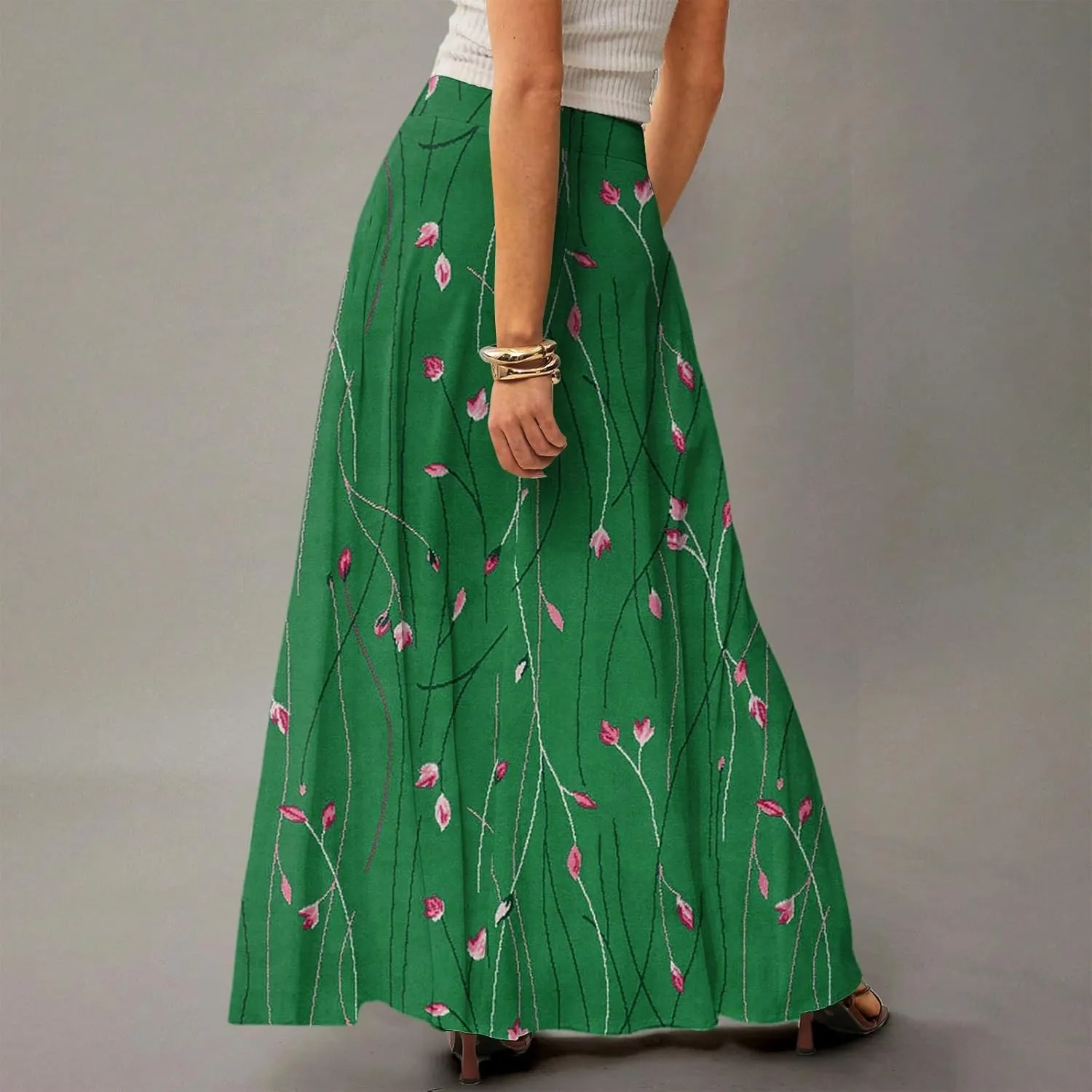 2025 Womens Long Maxi Skirt Trendy Summer Elastic High Waisted Pleated Floral Print A-Line Boho Skirts with Pockets