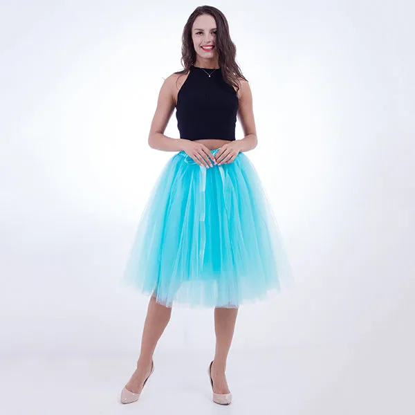 5 Layers 65cm Princess Midi Tulle Skirt Pleated Dance Tutu Skirts Womens Lolita Petticoat Jupe Saia faldas Denim Party Skirts