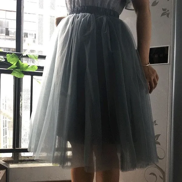 5 Layers 65cm Princess Midi Tulle Skirt Pleated Dance Tutu Skirts Womens Lolita Petticoat Jupe Saia faldas Denim Party Skirts