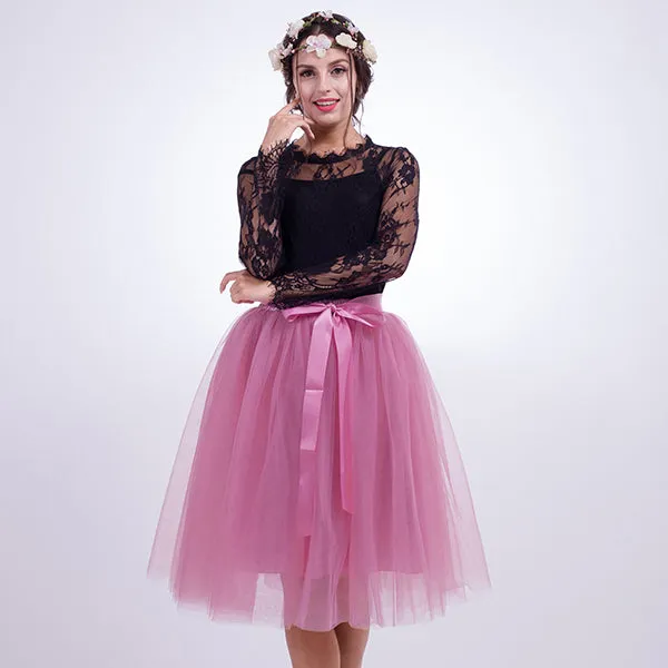 5 Layers 65cm Princess Midi Tulle Skirt Pleated Dance Tutu Skirts Womens Lolita Petticoat Jupe Saia faldas Denim Party Skirts
