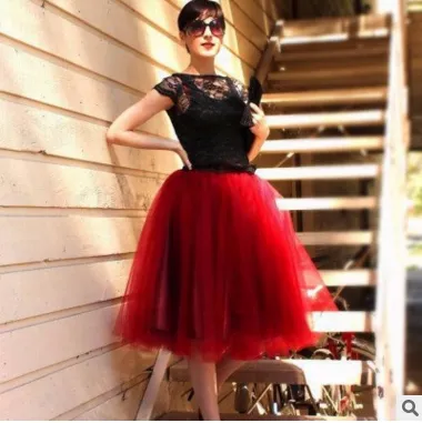 5 Layers 65cm Princess Midi Tulle Skirt Pleated Dance Tutu Skirts Womens Lolita Petticoat Jupe Saia faldas Denim Party Skirts