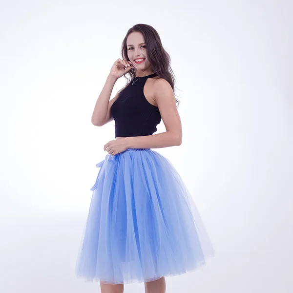 5 Layers 65cm Princess Midi Tulle Skirt Pleated Dance Tutu Skirts Womens Lolita Petticoat Jupe Saia faldas Denim Party Skirts