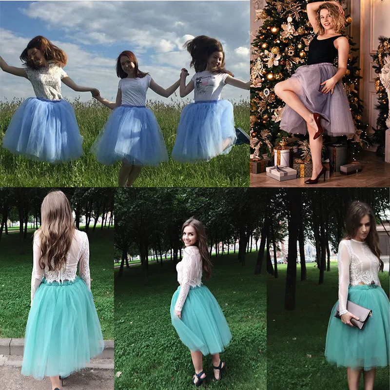 5 Layers 65cm Princess Midi Tulle Skirt Pleated Dance Tutu Skirts Womens Lolita Petticoat Jupe Saia faldas Denim Party Skirts