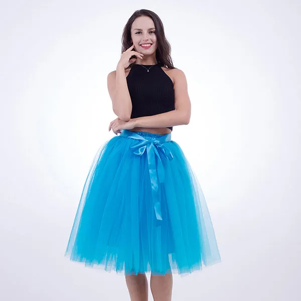 5 Layers 65cm Princess Midi Tulle Skirt Pleated Dance Tutu Skirts Womens Lolita Petticoat Jupe Saia faldas Denim Party Skirts
