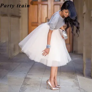 5 Layers 65cm Princess Midi Tulle Skirt Pleated Dance Tutu Skirts Womens Lolita Petticoat Jupe Saia faldas Denim Party Skirts
