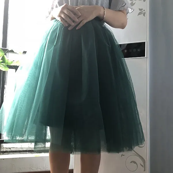 5 Layers 65cm Princess Midi Tulle Skirt Pleated Dance Tutu Skirts Womens Lolita Petticoat Jupe Saia faldas Denim Party Skirts
