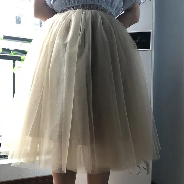 5 Layers 65cm Princess Midi Tulle Skirt Pleated Dance Tutu Skirts Womens Lolita Petticoat Jupe Saia faldas Denim Party Skirts