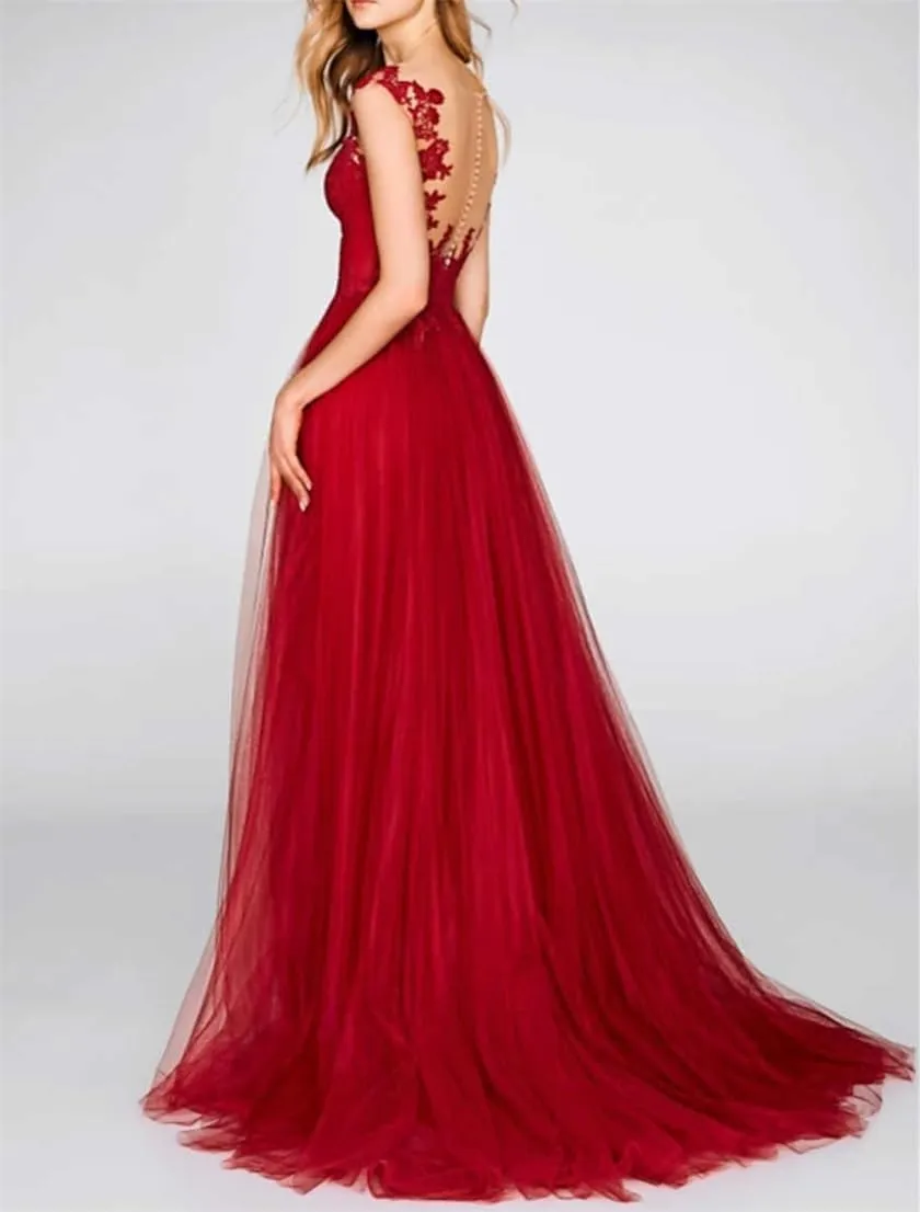A-Line Romantic Chiffon Evening Gown Court Train Prom Sleeveless V Neck Wedding Guest Dress with Slit Appliques 2024