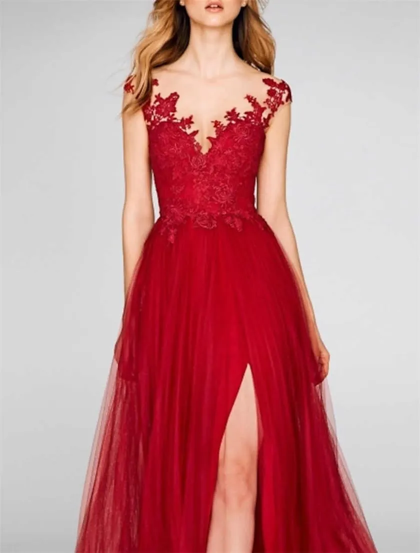A-Line Romantic Chiffon Evening Gown Court Train Prom Sleeveless V Neck Wedding Guest Dress with Slit Appliques 2024