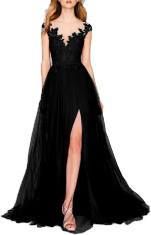 A-Line Romantic Chiffon Evening Gown Court Train Prom Sleeveless V Neck Wedding Guest Dress with Slit Appliques 2024