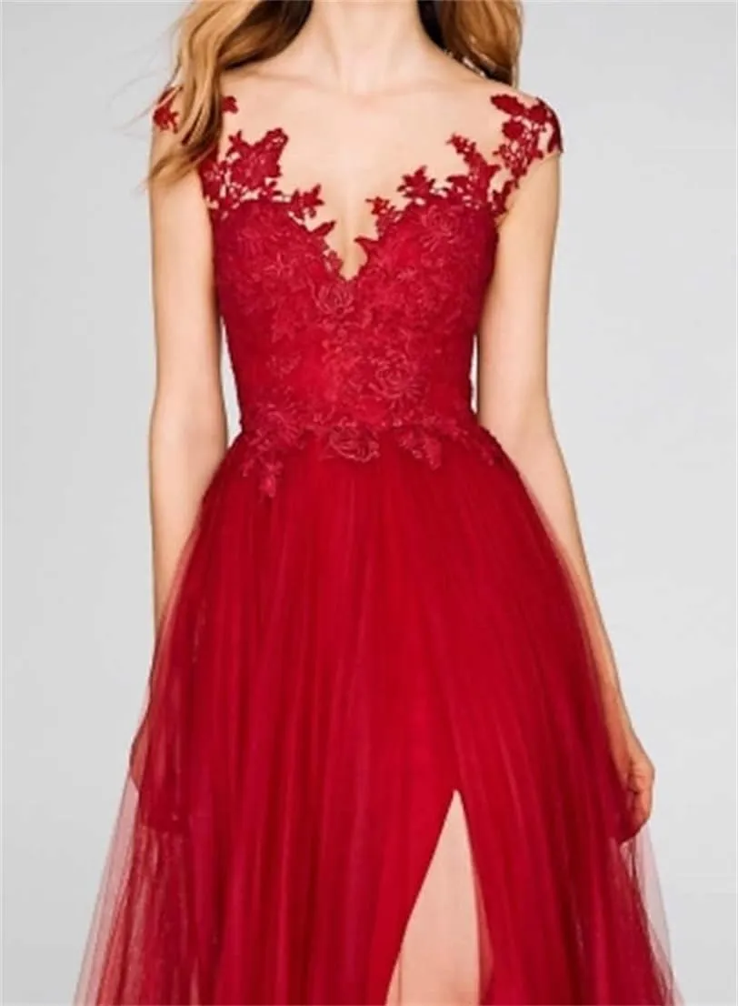 A-Line Romantic Chiffon Evening Gown Court Train Prom Sleeveless V Neck Wedding Guest Dress with Slit Appliques 2024