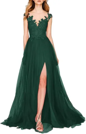 A-Line Romantic Chiffon Evening Gown Court Train Prom Sleeveless V Neck Wedding Guest Dress with Slit Appliques 2024
