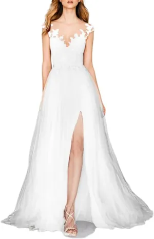 A-Line Romantic Chiffon Evening Gown Court Train Prom Sleeveless V Neck Wedding Guest Dress with Slit Appliques 2024