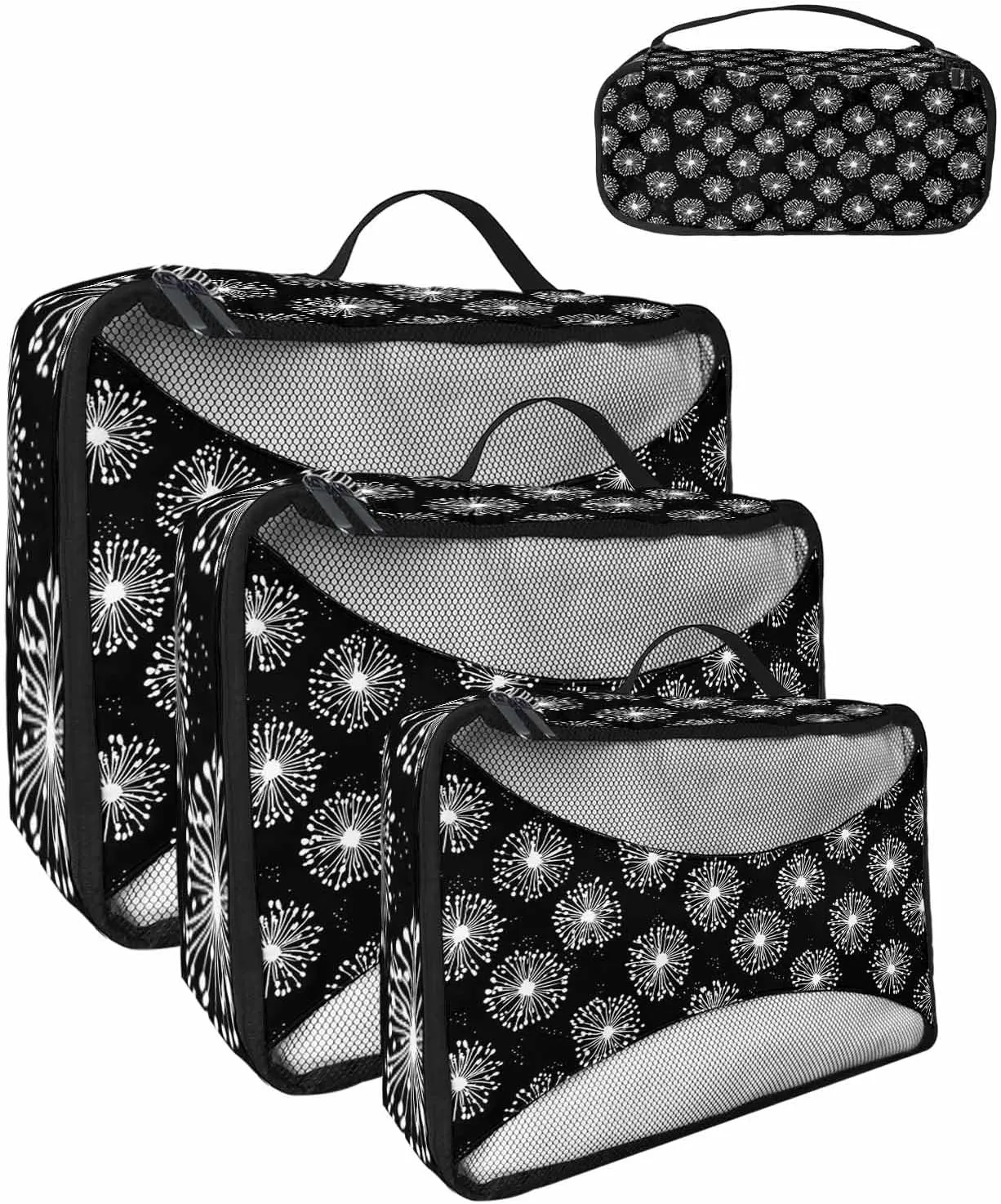 Abstract Dandelion on Black 4 Set Packing Cubes, Summer Pastoral Botanical Packing Cubes for Carry on Suitcase Travel Essential Bag for Clothes Shoes Cosmetics Toiletry