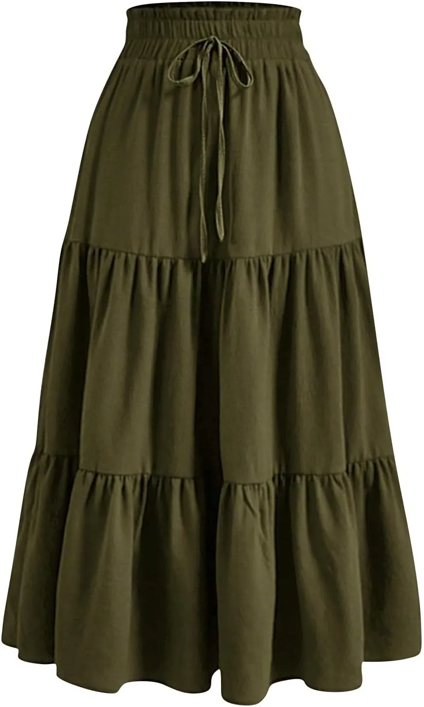 ADHOWBEW Summer Skirts for Women 2025 Pleated Casual Elastic Waist Smocked Boho Floral Trendy Vacation Sexy Flowy Skirt