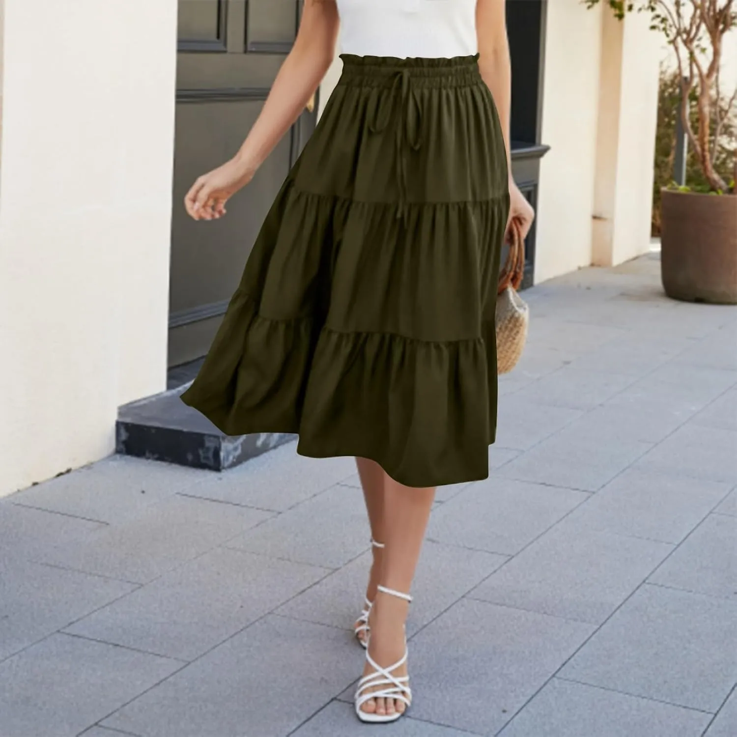 ADHOWBEW Summer Skirts for Women 2025 Pleated Casual Elastic Waist Smocked Boho Floral Trendy Vacation Sexy Flowy Skirt