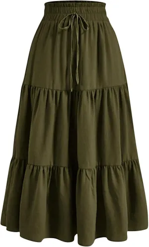 ADHOWBEW Summer Skirts for Women 2025 Pleated Casual Elastic Waist Smocked Boho Floral Trendy Vacation Sexy Flowy Skirt