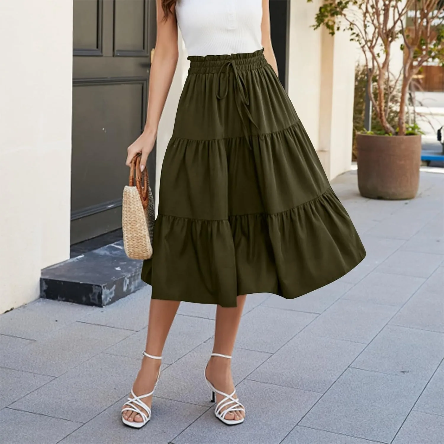 ADHOWBEW Summer Skirts for Women 2025 Pleated Casual Elastic Waist Smocked Boho Floral Trendy Vacation Sexy Flowy Skirt