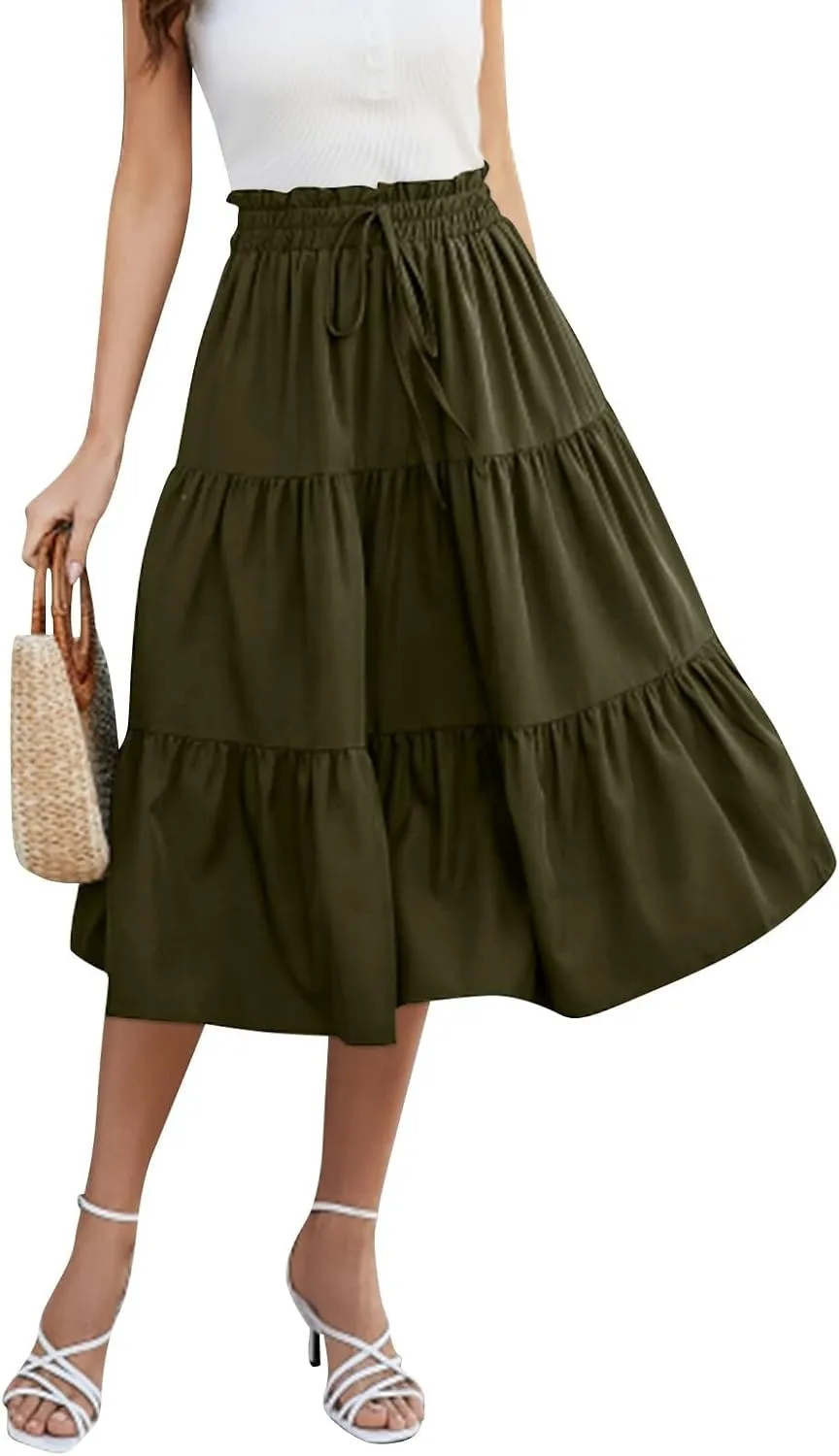 ADHOWBEW Summer Skirts for Women 2025 Pleated Casual Elastic Waist Smocked Boho Floral Trendy Vacation Sexy Flowy Skirt