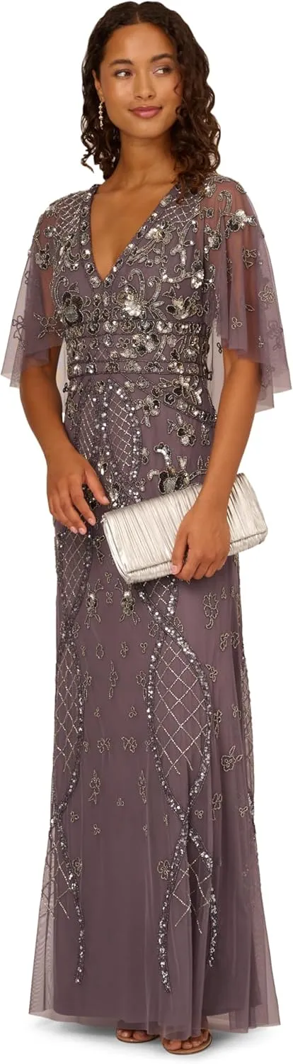 Adrianna Papell Women's Beaded Cape Sleeve Long Dress