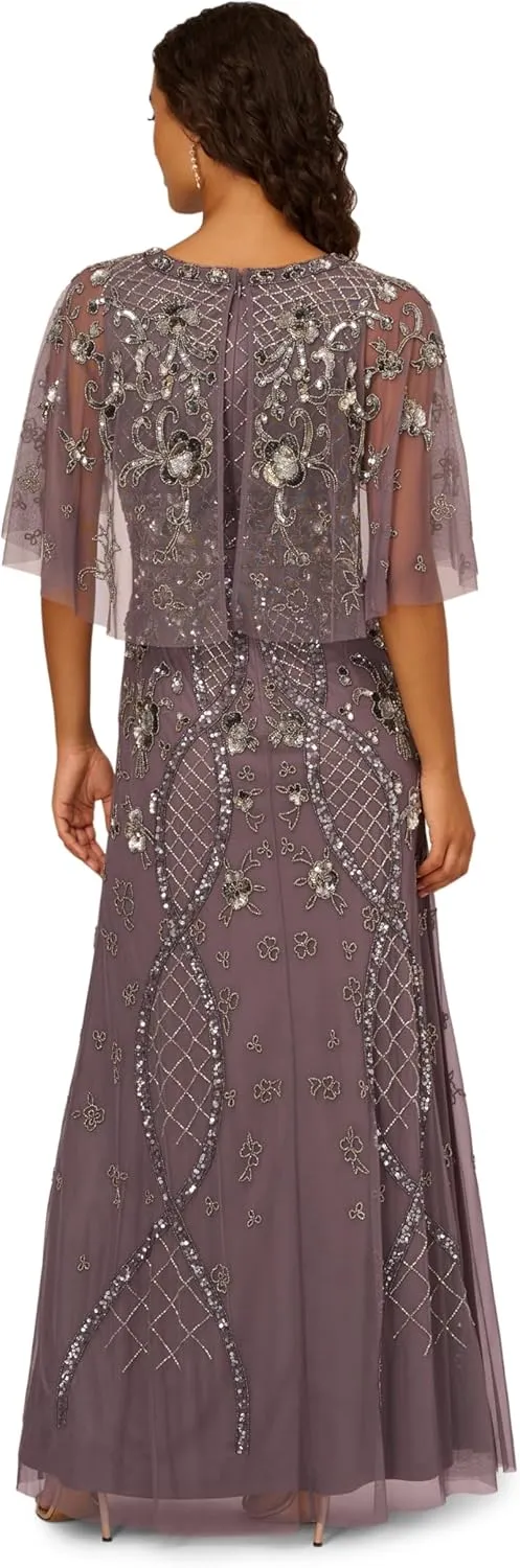 Adrianna Papell Women's Beaded Cape Sleeve Long Dress
