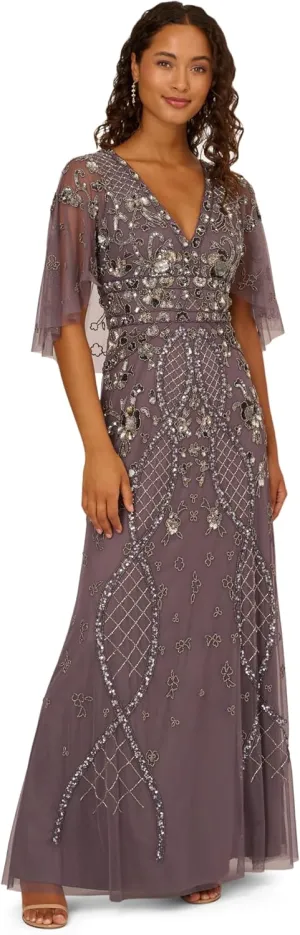 Adrianna Papell Women's Beaded Cape Sleeve Long Dress