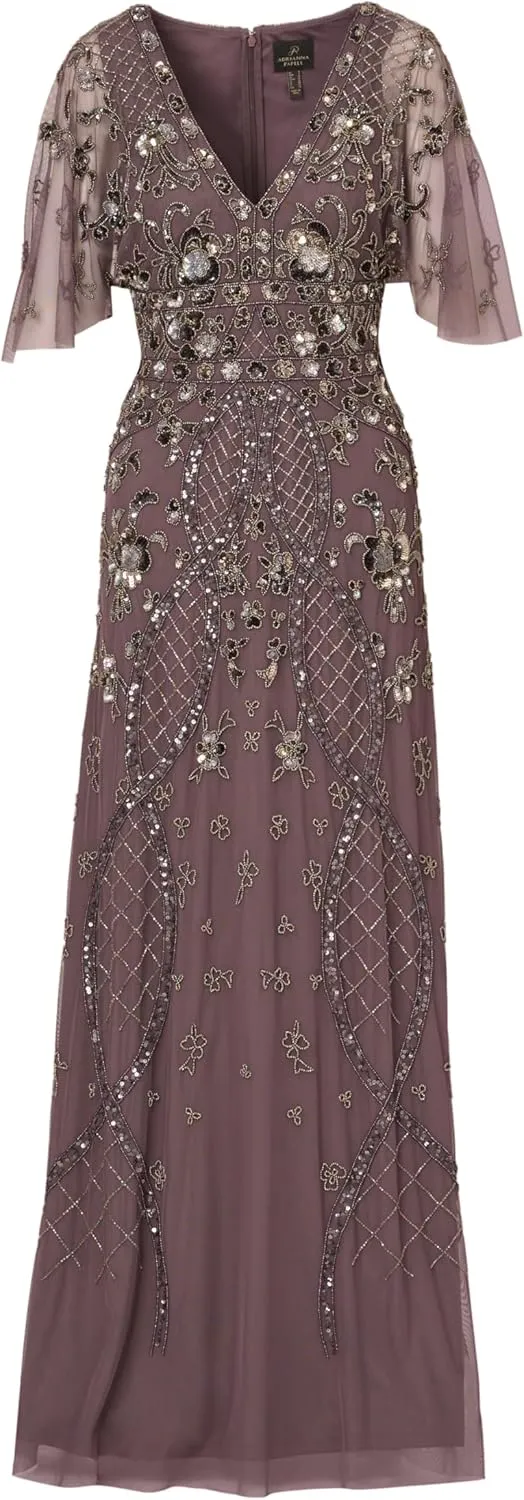 Adrianna Papell Women's Beaded Cape Sleeve Long Dress