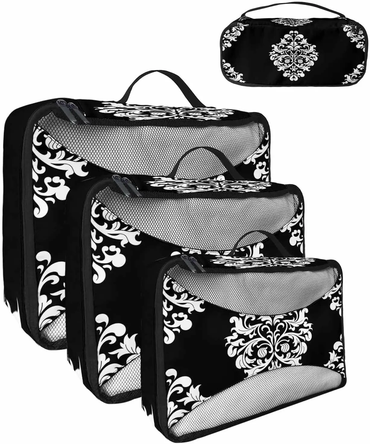 Aesthetic Boho Black White Floral 4 Set Packing Cubes, Abstract Minimalist Art Packing Cubes for Carry on Suitcase Travel Essential Bag for Clothes Shoes Cosmetics Toiletry