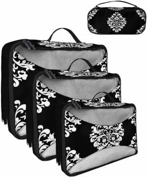 Aesthetic Boho Black White Floral 4 Set Packing Cubes, Abstract Minimalist Art Packing Cubes for Carry on Suitcase Travel Essential Bag for Clothes Shoes Cosmetics Toiletry