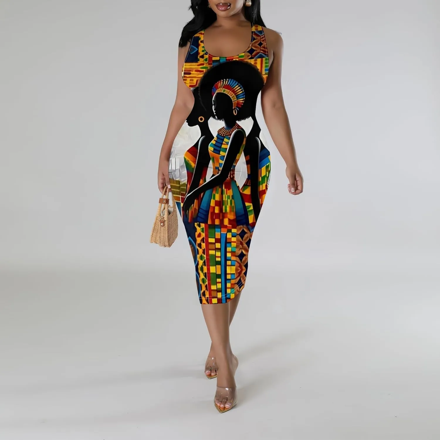 African Print Women's Summer Casual Sexy Sleeveless Bodycon Tank Dress Basic Pencil Midi Club Dresses Vacation Beach Sundress