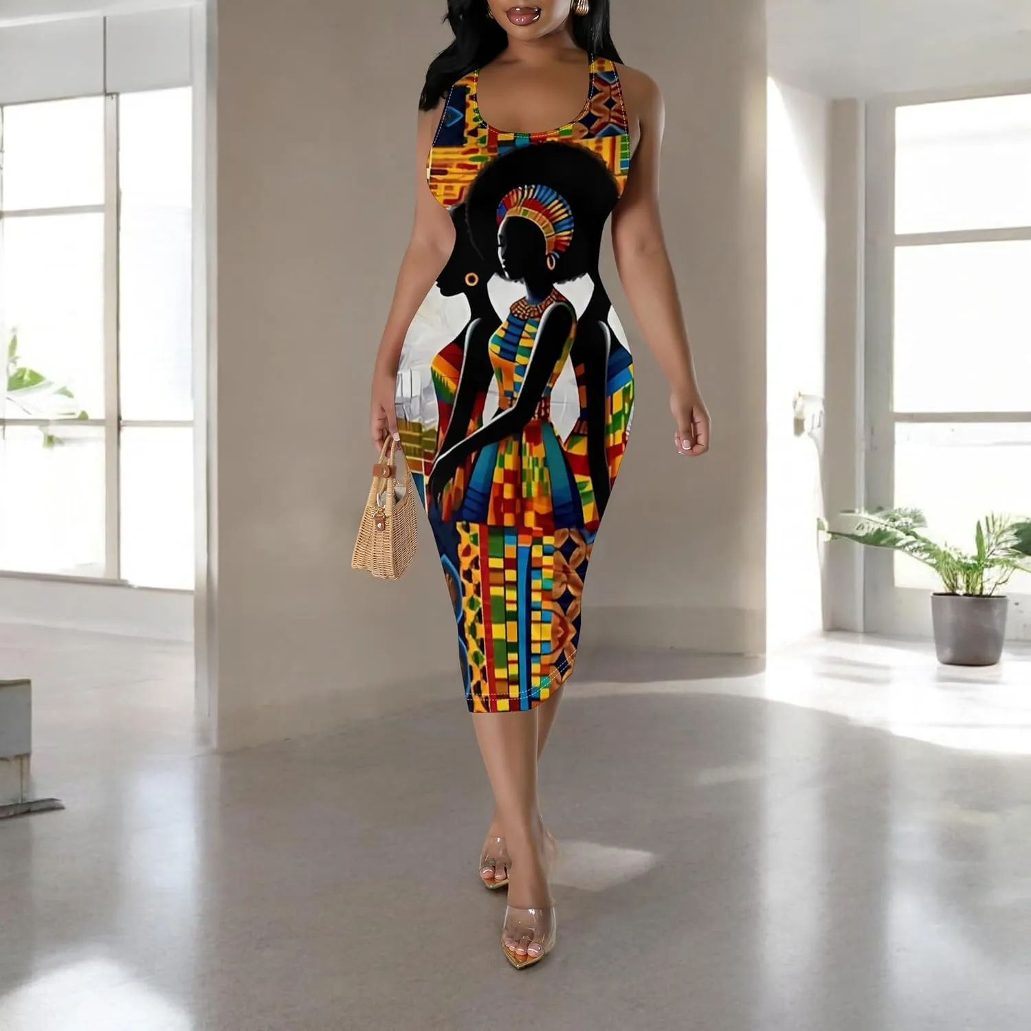 African Print Women's Summer Casual Sexy Sleeveless Bodycon Tank Dress Basic Pencil Midi Club Dresses Vacation Beach Sundress