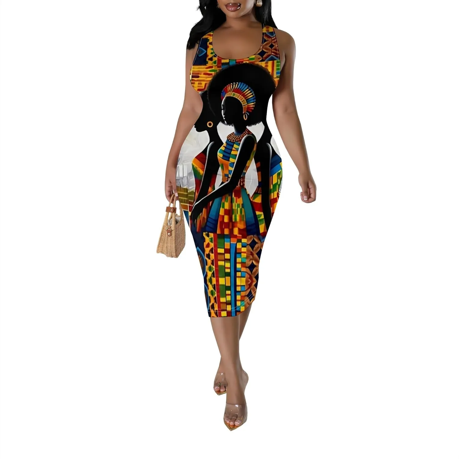 African Print Women's Summer Casual Sexy Sleeveless Bodycon Tank Dress Basic Pencil Midi Club Dresses Vacation Beach Sundress