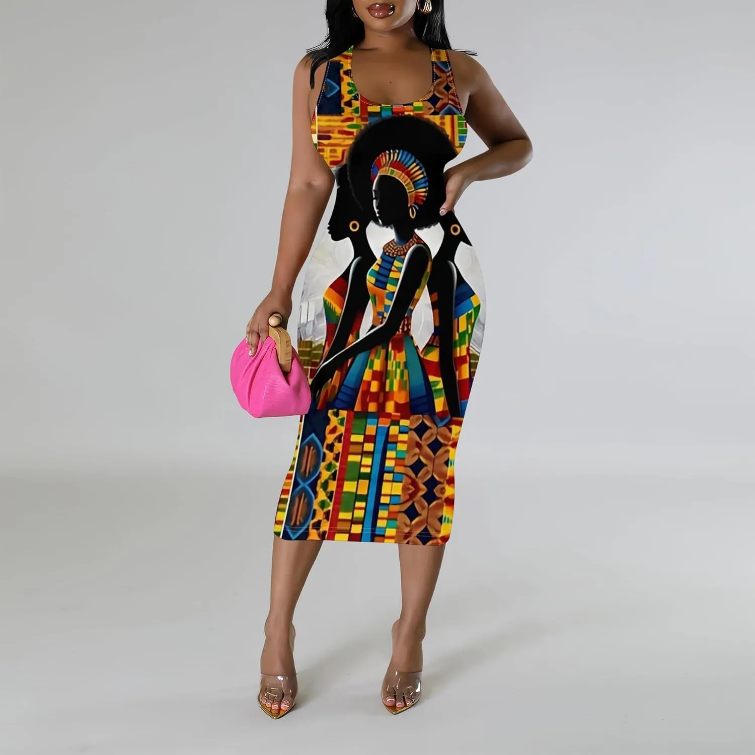 African Print Women's Summer Casual Sexy Sleeveless Bodycon Tank Dress Basic Pencil Midi Club Dresses Vacation Beach Sundress