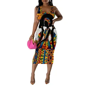 African Print Women's Summer Casual Sexy Sleeveless Bodycon Tank Dress Basic Pencil Midi Club Dresses Vacation Beach Sundress