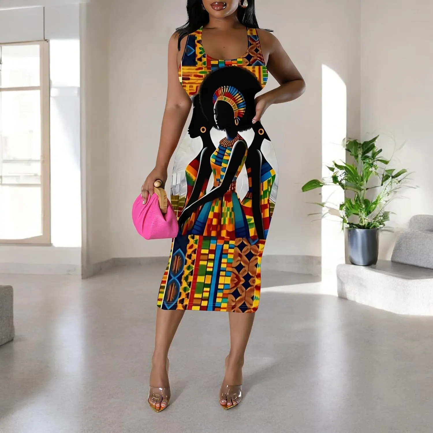 African Print Women's Summer Casual Sexy Sleeveless Bodycon Tank Dress Basic Pencil Midi Club Dresses Vacation Beach Sundress