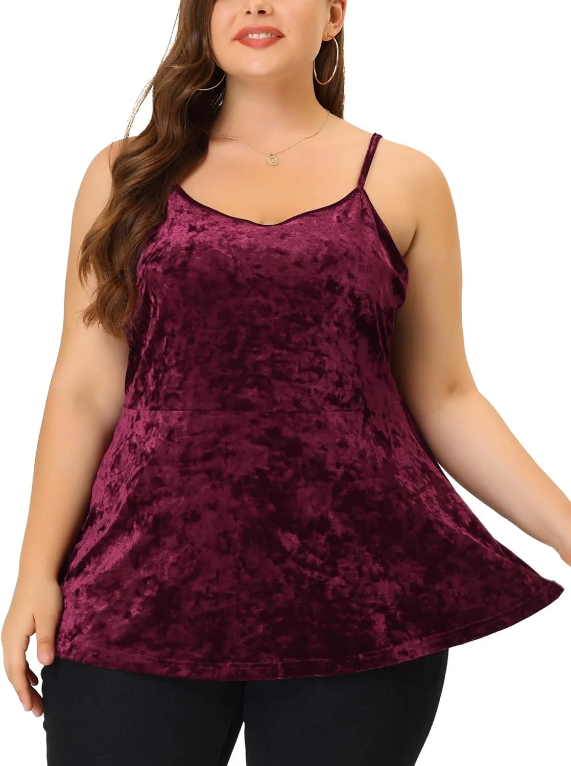 Agnes Orinda Plus Size Cami Tops for Women Adjustable Strap Sleeveless Velvet Peplum Camisoles
