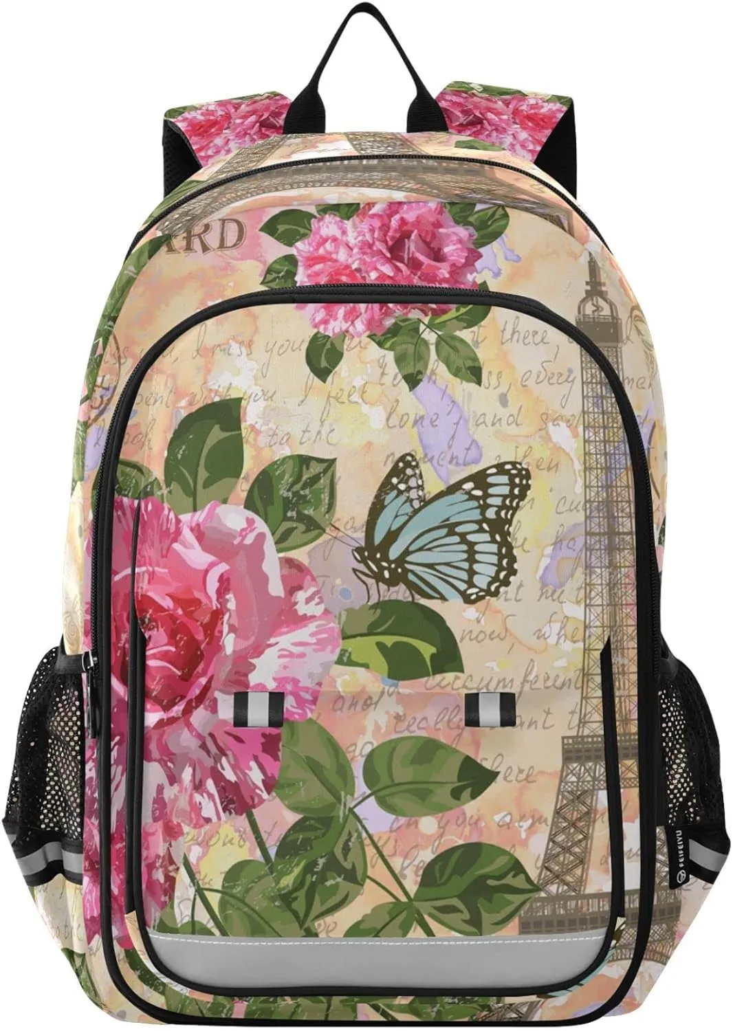 ALAZA Romantic Paris Eiffel Tower Floral Flowers Casual Daypacks Bookbag Bag