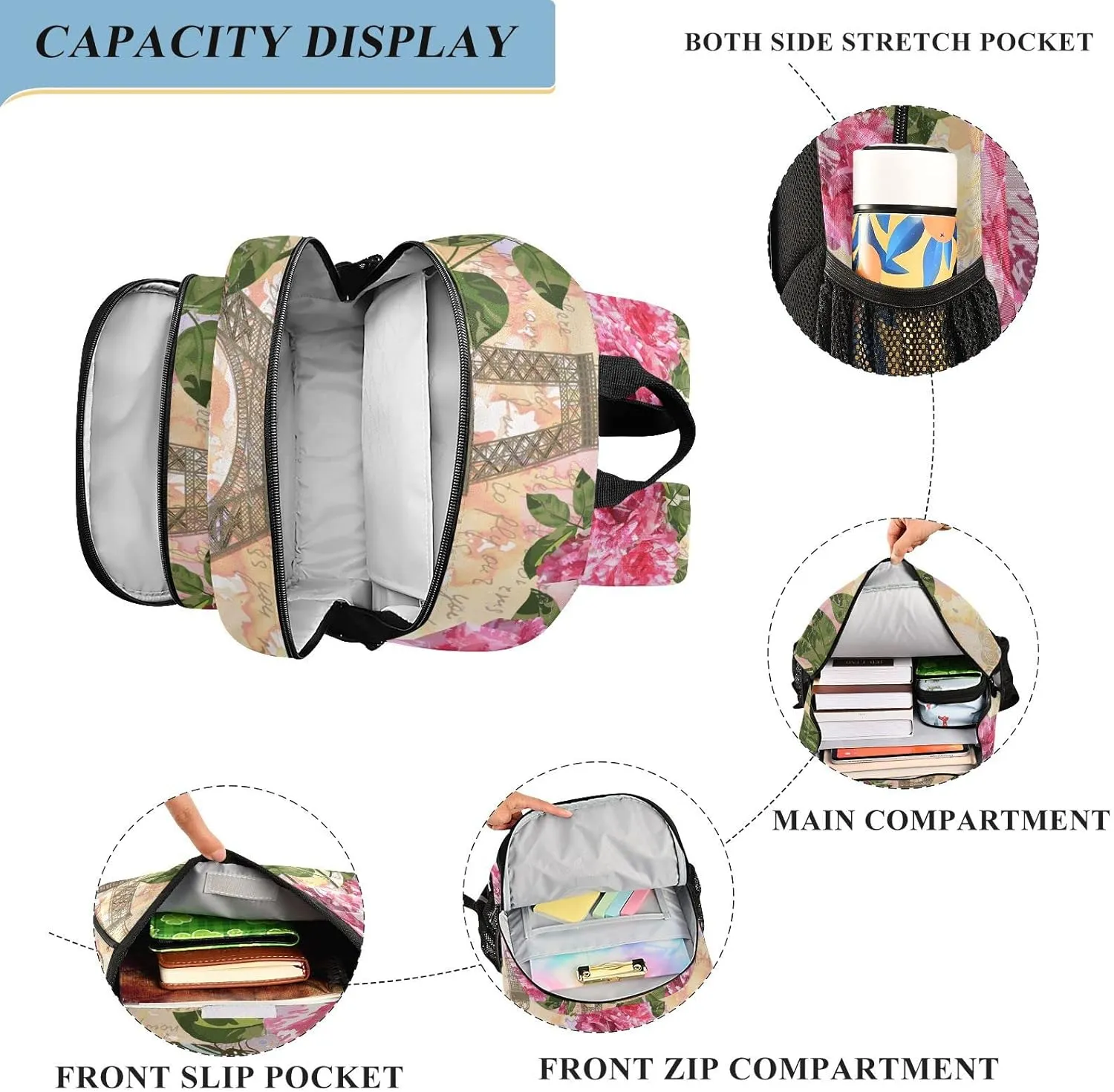 ALAZA Romantic Paris Eiffel Tower Floral Flowers Casual Daypacks Bookbag Bag