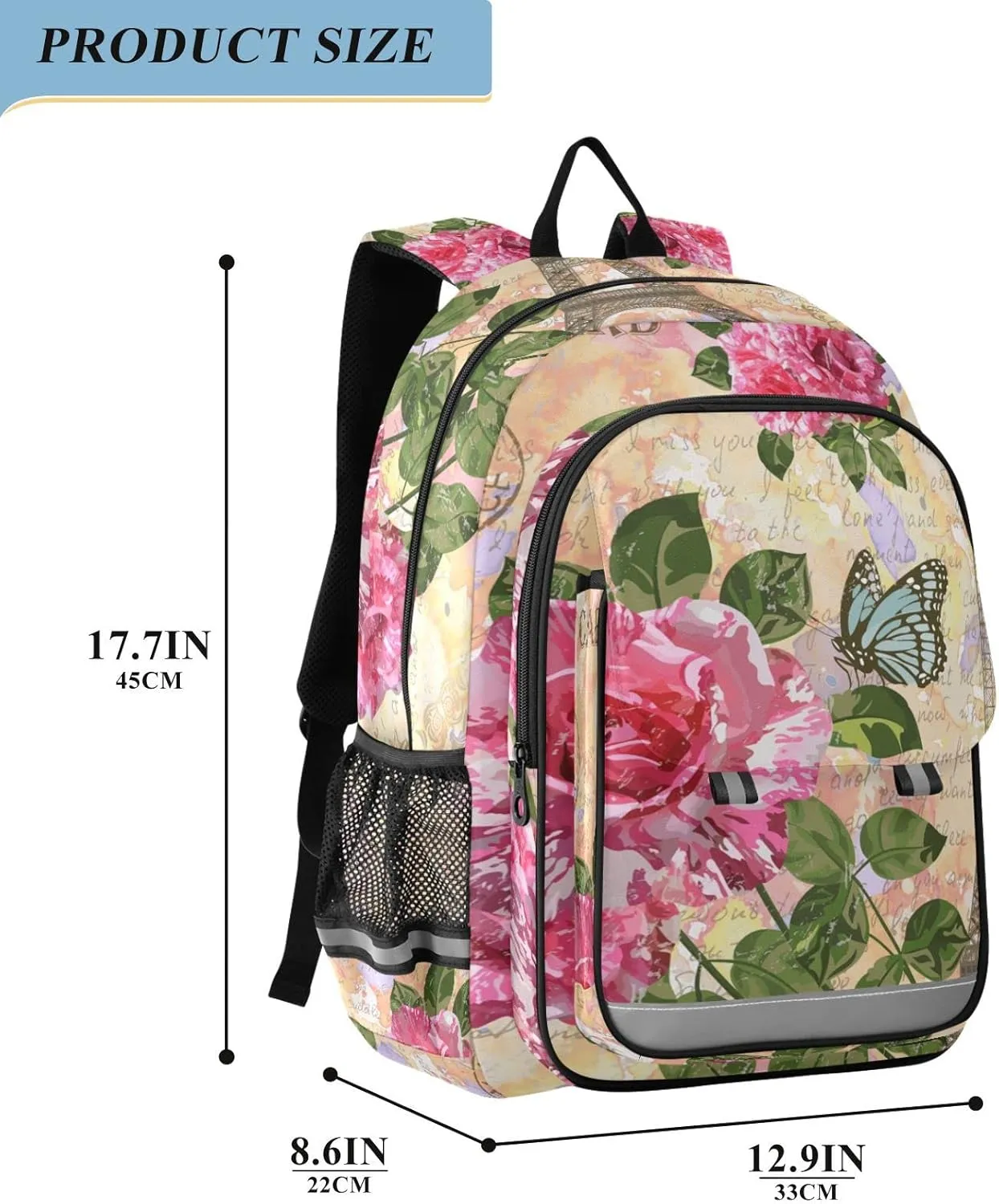 ALAZA Romantic Paris Eiffel Tower Floral Flowers Casual Daypacks Bookbag Bag