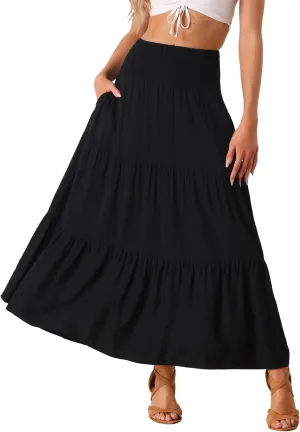 Allegra K Summer Maxi Skirt for Women's 2025 Casual Elastic Waist Flowy Tiered Boho Beach Long Skirts