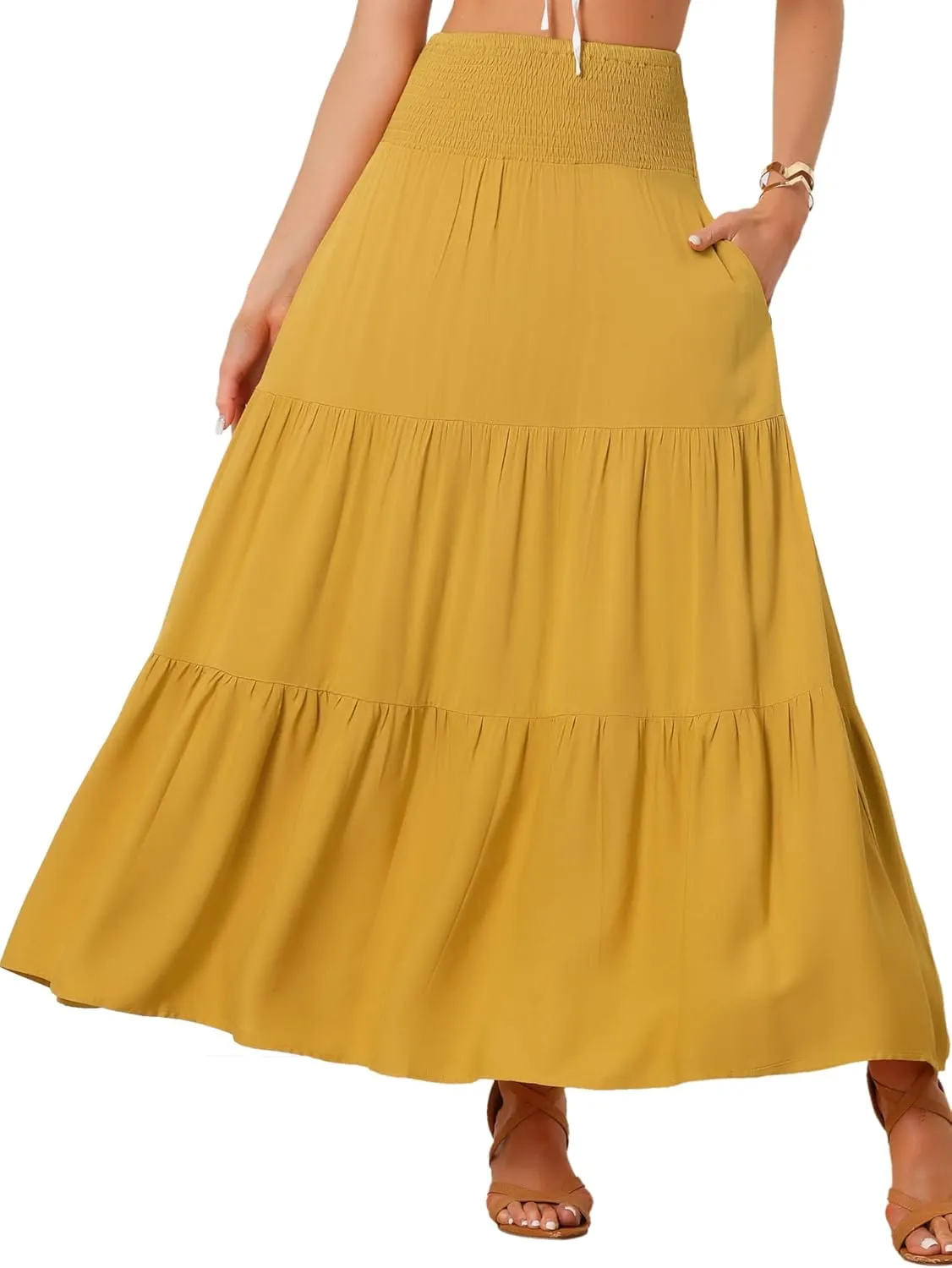 Allegra K Summer Maxi Skirt for Women's 2025 Casual Elastic Waist Flowy Tiered Boho Beach Long Skirts