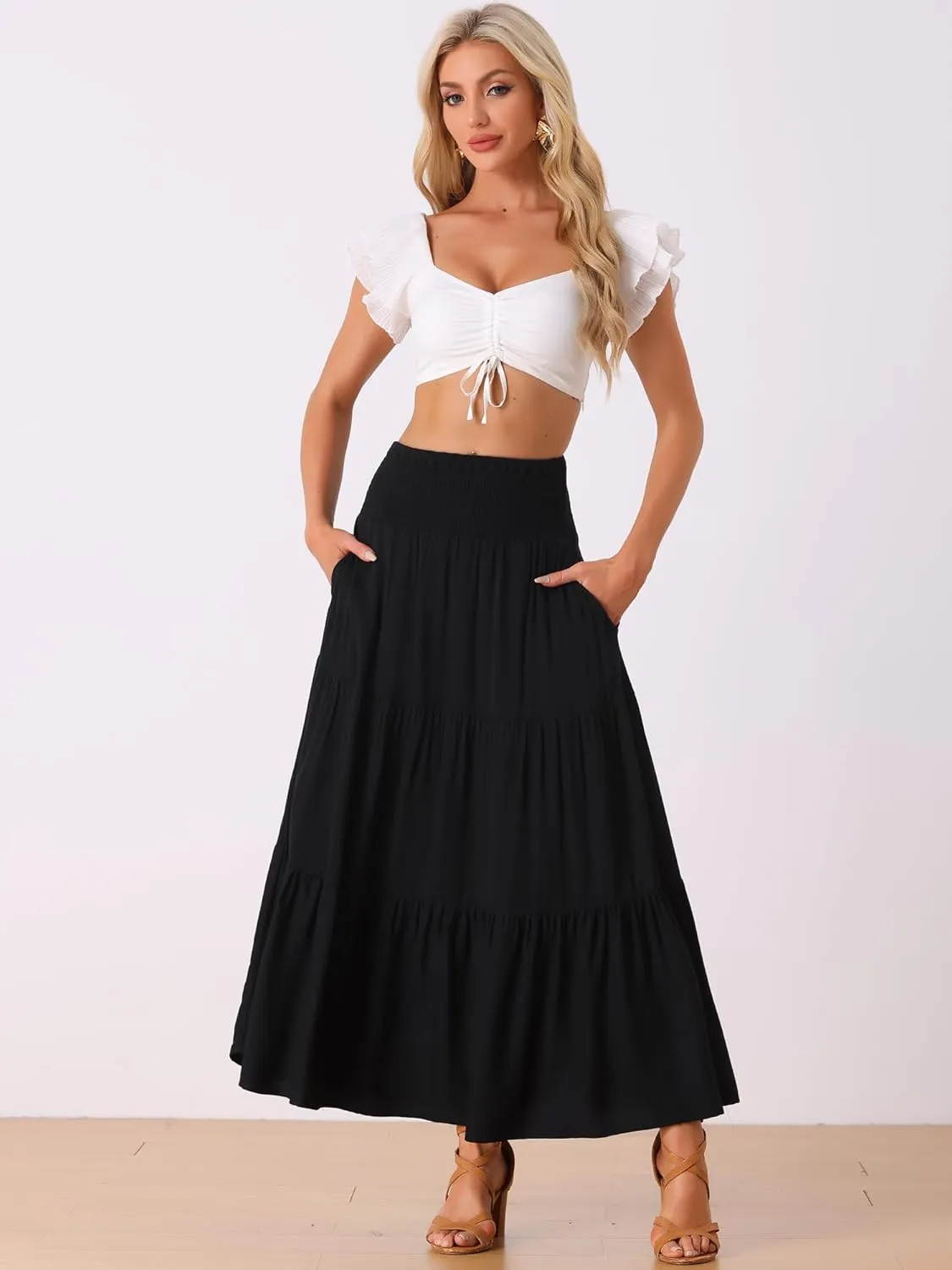 Allegra K Summer Maxi Skirt for Women's 2025 Casual Elastic Waist Flowy Tiered Boho Beach Long Skirts