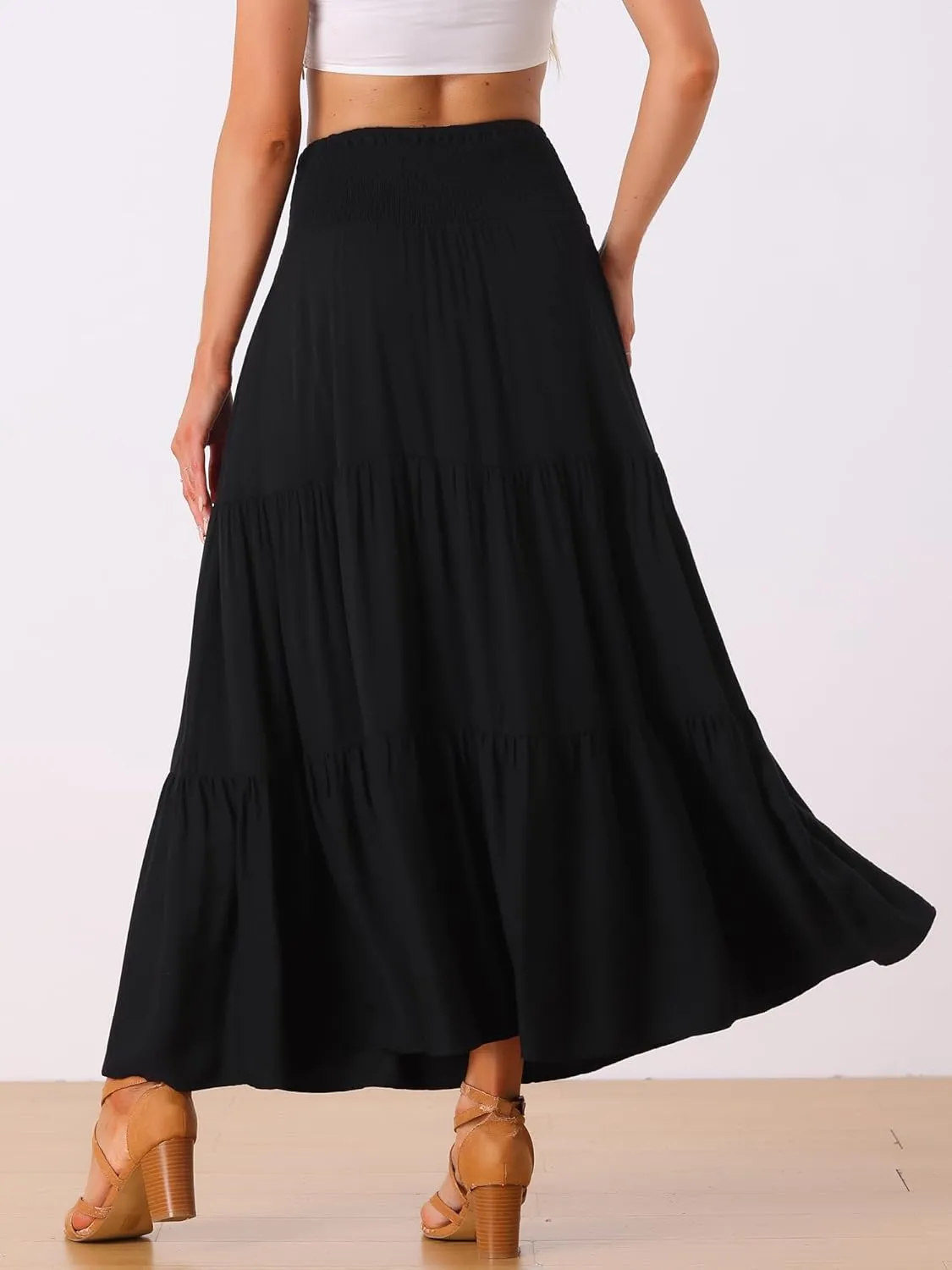 Allegra K Summer Maxi Skirt for Women's 2025 Casual Elastic Waist Flowy Tiered Boho Beach Long Skirts