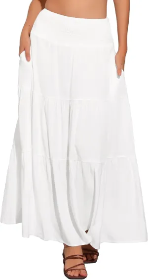 Allegra K Summer Maxi Skirt for Women's 2025 Casual Elastic Waist Flowy Tiered Boho Beach Long Skirts